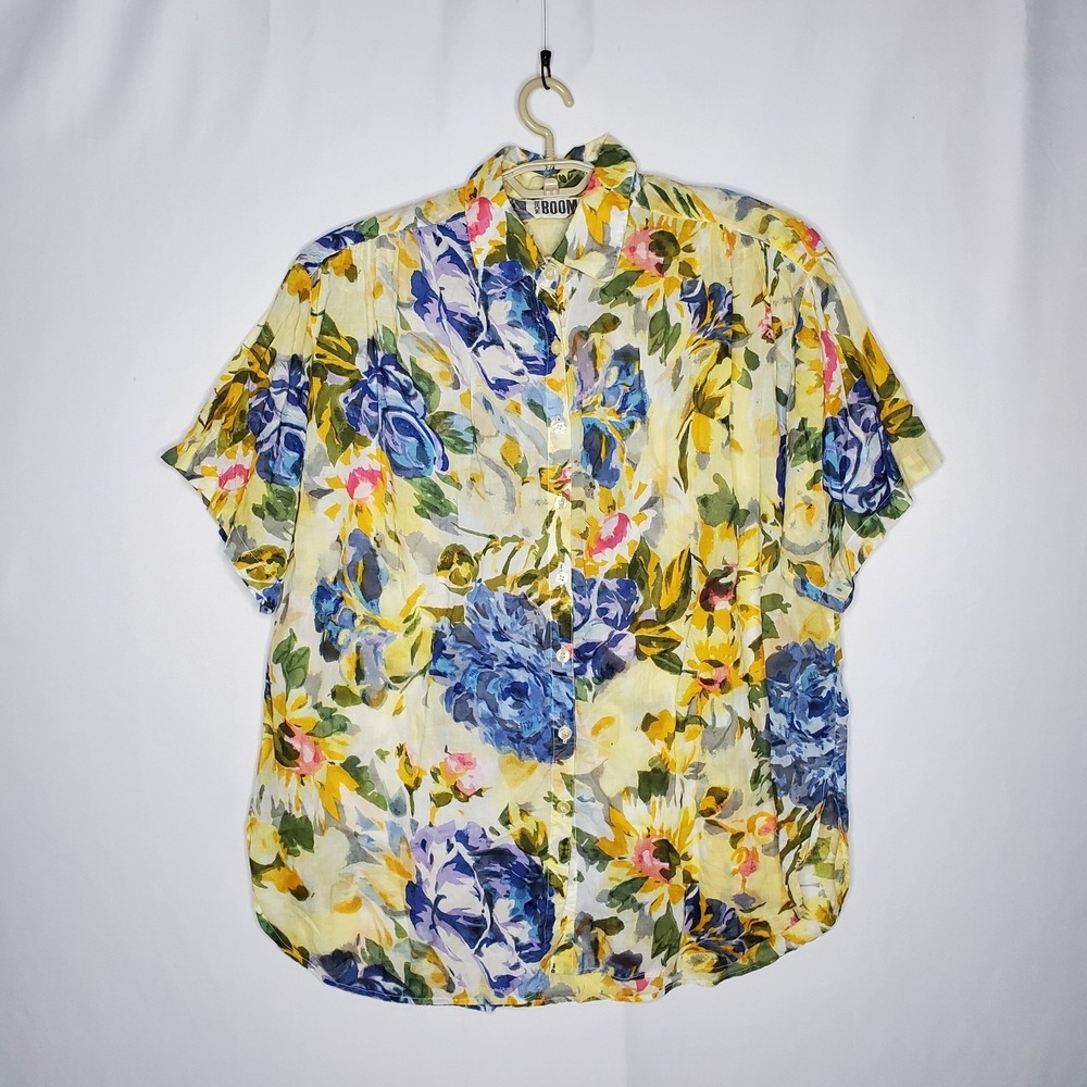 More Boom Button Top Women 3X Vtg Gauze Cotton Yellow Blue Floral Short Sleeve